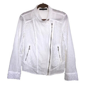 White House Black  Market White Eyelet Jacket Waist Length Zip Front